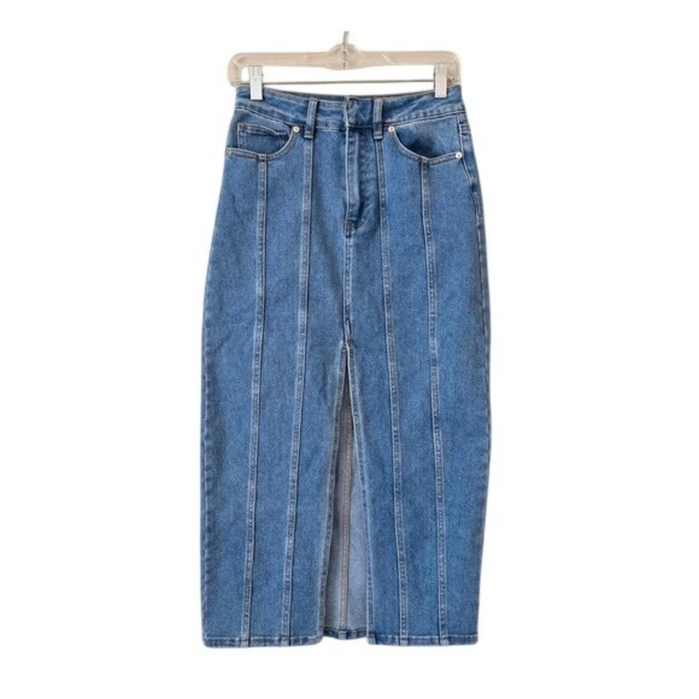 House of Harlow 1960 Women's Denim Midi Skirt Blue Seamed Front Slit Size 6 - Picture 1 of 5